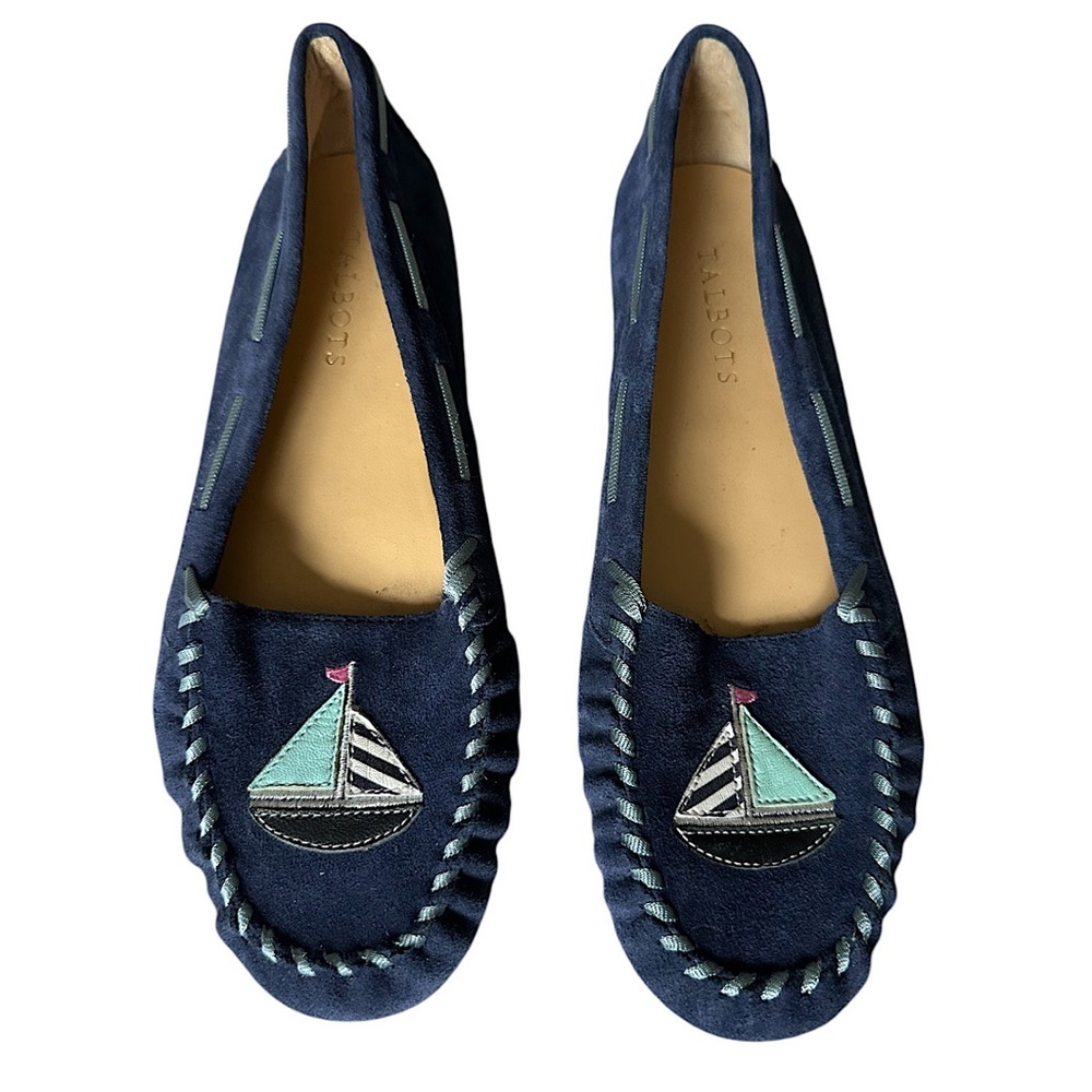 Talbots Women’s Size 8.5 Sailboat Moccasins Navy Blue Suede Leather Flat Shoes